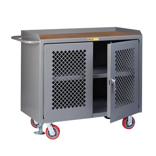 Mobile Bench Cabinet, 36"W, 2 Perf Doors, Center Shelf, 1/4" Hardboard